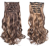 voordelige Synthetische extensies-clip in haarverlenging 20 inch 16 clips lang synthetisch haar hittebestendig haarstukje natuurlijk golvend ombre haarstuk 6 stks/set