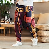 halpa Retro-Miesten Pellavahousut Housut Kesähousut Rantahousut Joustava vyötärö Pudota haara Geometrinen Juhla Päivittäin Hip-Hop Boheemi Loose Fit Valkoinen Keltainen