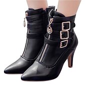 abordables Botines-Botines de tacón alto de moda para mujer con hebillas y cremallera: elegantes botas de tacón de aguja de piel sintética para otoño e invierno