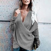 abordables Colores sólidos-Mujer Pulóveres Pull-over Saltador Cruzado De Punto Color sólido Elegante Casual Manga Larga Ajuste regular Cárdigans suéter Escote en Pico Otoño Invierno Azul Piscina Morado Rosa / Festivos / Noche