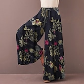 preiswerte weites Bein und hohe Taille-Damen Normal Weite Hosenbeine Weites Bein Hosen Hose Baggy-Hosen Mode Volle Länge Mittlere Taille Blume / Blumenmuster Seitentaschen Baggy Hoher Schnitt Komfort Unelastisch Lässig Wochenende Gelb