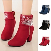 abordables Botines-Botines de ante rojo para mujer con adornos de pedrería y tacones anchos: calzado festivo navideño para fiestas y días festivos