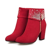 abordables Botines-Botines de ante rojo para mujer con adornos de pedrería y tacones anchos: calzado festivo navideño para fiestas y días festivos