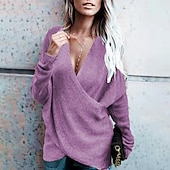abordables Colores sólidos-Mujer Pulóveres Pull-over Saltador Cruzado De Punto Color sólido Elegante Casual Manga Larga Ajuste regular Cárdigans suéter Escote en Pico Otoño Invierno Azul Piscina Morado Rosa / Festivos / Noche