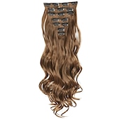 abordables Clip dans les extensions-7 pièces/ensemble 22 postiches ondulés bouclés 16 clips dans de faux cheveux de style clip synthétique dans les extensions de cheveux résistant à la chaleur pour les femmes filles