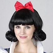 abordables Perruques de personnages de films-Perruque synthétique à boucles amples et frange soignée, cheveux synthétiques noirs longs pour femmes, doux, fête, facile à transporter, perruques d&#039;halloween noires