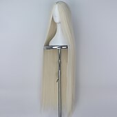economico Parrucche da festa-parrucca cosplay parrucca diritta con parte centrale parrucche molto lunghe in capelli sintetici color platino parrucche bionde morbide da donna parrucche di Halloween