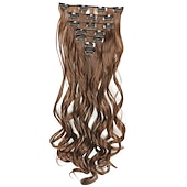 abordables Clip dans les extensions-7 pièces/ensemble 22 postiches ondulés bouclés 16 clips dans de faux cheveux de style clip synthétique dans les extensions de cheveux résistant à la chaleur pour les femmes filles
