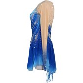 cheap Figure Skating Dresses-Figure Skating Dress Women&#039;s Girls&#039; Ice Skating Dress Outfits Blue+Light Blue Patchwork Asymmetric Hem Mesh Spandex High Elasticity Competition Skating Wear Handmade Crystal / Rhinestone Long Sleeve