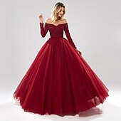 cheap Вечерние платья-Ball Gown Evening Gown Sparkle Dress Quinceanera Prom Floor Length Long Sleeve Off Shoulder Tulle with Beading Sequin 2024