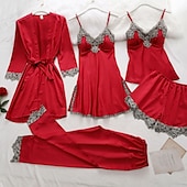billiga Sovkläder till damer-dam pyjamas dräkter klänning nattlinne pjs 5 stycken ren färg mode enkel retro fest hem säng satin siden v wire långärmad rem topp byxa elastiskt midjebälte ingår vår höst hem kläder
