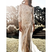 cheap Casual Wedding Dresses-Beach Wedding Beach Open Back Boho Wedding Dresses Sheath Scoop Neck 3/4 Length Sleeve Court Train Lace Bridal Gowns With Appliques 2025