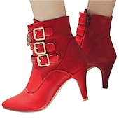 abordables Botines-Botines de tacón alto de moda para mujer con hebillas y cremallera: elegantes botas de tacón de aguja de piel sintética para otoño e invierno