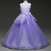 preiswerte Kleider für die Blumenmädchen-kinderkleidung Mädchen Blumenmädchen Kleid Kleid Einfarbig Ärmellos Leistung Hochzeit Party Spitze Rüschen Gitter Kuschelig Prinzessin Polyester Maxi A Linie Kleid Tüll-Kleid Blumenmädchenkleid
