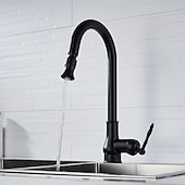 baratos Torneiras de Cozinha-Torneira misturadora de pia de cozinha com spray removível, torneiras giratórias de 360° para recipientes de latão antigo/preto montadas no convés, torneiras de cozinha de um furo antigas