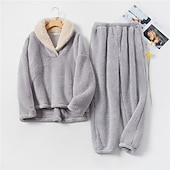 cheap Women&#039;s Sleepwear-Women&#039;s Pajamas Pjs Sets 2 Pieces Pure Color Fashion Plush Comfort Home Vacation Fleece V Wire Long Sleeve Pullover Pant Elastic Waist Fall Winter Home Outfits