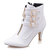 abordables Botines-Botines de tacón alto de moda para mujer con hebillas y cremallera: elegantes botas de tacón de aguja de piel sintética para otoño e invierno