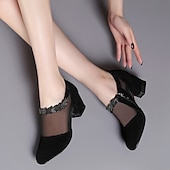 billiga Block Heels-svarta damklackar med meshpaneler och dekorativa detaljer för elegant och kvällskläder