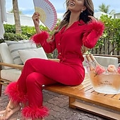 cheap Women&#039;s Loungewear-Women&#039;s Gift Loungewear Pajamas Sets Home Party Valentine&#039;s Day Feather Pure Color Silk Simple Soft Shirt Pant Fall Spring Summer Lapel Long Sleeve Long Pant Buckle Pocket Home Outfits