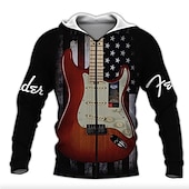 abordables sudaderas con cremallera para hombre-Festival de Música Hombre Estampados Guitarra Sudadera Sudaderas Sudadera Manga Larga Sudadera con capucha Con Capucha Ropa deportiva Impresión 3D Casual Diario Deportes Negro Cremallera Estampado