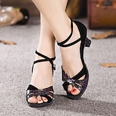 abordables Chaussures de danses latines-Femme Chaussures Latines Salon Chaussures de Salsa Danse en ligne Intérieur Entraînement ChaCha Chaussures scintillantes Talon Paillettes Talon Cubain Boucle Sangle croisée Noir Bleu