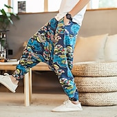 halpa Retro-Miesten Pellavahousut Housut Kesähousut Rantahousut Joustava vyötärö Pudota haara Geometrinen Juhla Päivittäin Hip-Hop Boheemi Loose Fit Valkoinen Keltainen