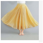 abordables Robes-Femme Balançoire Jupe longue Elégant Eté Maxi Jupes Couleur Pleine Plissé Casual Quotidien Noir Blanche Jaune Rouge Printemps &amp; Automne Coton Coton et lin