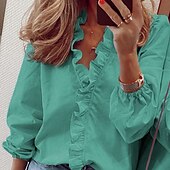 abordables Tops elegantes-Mujer Camisa Blusa Blanco Naranja Verde Trébol Graphic Floral Volante Ajuste de encaje Manga Larga Casual Diario Básico Elegante Escote en Pico Flor S