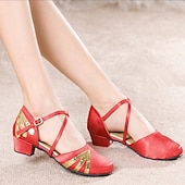 ieftine Pantofi Dans Clasic &amp; Modern-pantofi negri de dans latino pentru femei, cu accente de sclipici aurii – încălțăminte confortabilă de bal de sală și salsa cu toc scăzut