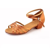 cheap Kids Dance Shoes-Girls&#039; Ballroom Dance Shoes - Tan Satin Strappy Latin Dance Sandals with Low Heel and Ankle Strap