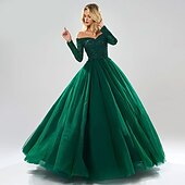 cheap Вечерние платья-Ball Gown Evening Gown Sparkle Dress Quinceanera Prom Floor Length Long Sleeve Off Shoulder Tulle with Beading Sequin 2024