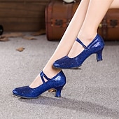 voordelige Ballroomschoenen &amp; moderne dansschoenen-dames glitter mary jane dansschoenen – glinsterende roze lage hak ballroom performance hakken voor latin, salsa en feest evenementen