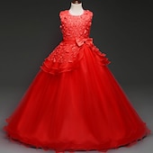 preiswerte Kleider für die Blumenmädchen-kinderkleidung Mädchen Blumenmädchen Kleid Kleid Einfarbig Ärmellos Leistung Hochzeit Party Spitze Rüschen Gitter Kuschelig Prinzessin Polyester Maxi A Linie Kleid Tüll-Kleid Blumenmädchenkleid