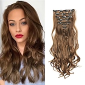 abordables Clip dans les extensions-7 pièces/ensemble 22 postiches ondulés bouclés 16 clips dans de faux cheveux de style clip synthétique dans les extensions de cheveux résistant à la chaleur pour les femmes filles