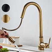 baratos Torneiras de Cozinha-Torneira misturadora de pia de cozinha com spray removível, torneiras giratórias de 360° para recipientes de latão antigo/preto montadas no convés, torneiras de cozinha de um furo antigas