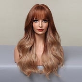 abordables Perruques Synthétiques Sans Bonnet-ombre auburn brun blonde longues perruques ondulées avec une frange cheveux naturels quotidiens pour les femmes perruques de fête de noël