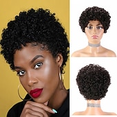 economico Parrucche di capelli veri senza cuffia-parrucca di capelli umani di remy taglio pixie per le donne nere breve afro ricci capelli brasiliani parrucca a buon mercato senza cappuccio parrucca di capelli umani nero naturale # 1b per la festa