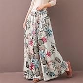preiswerte weites Bein und hohe Taille-Damen Normal Weite Hosenbeine Weites Bein Hosen Hose Baggy-Hosen Mode Volle Länge Mittlere Taille Blume / Blumenmuster Seitentaschen Baggy Hoher Schnitt Komfort Unelastisch Lässig Wochenende Gelb