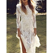cheap Casual Wedding Dresses-Beach Wedding Beach Open Back Boho Wedding Dresses Sheath Scoop Neck 3/4 Length Sleeve Court Train Lace Bridal Gowns With Appliques 2025