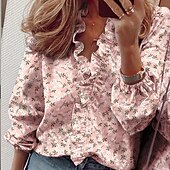 abordables Tops elegantes-Mujer Camisa Blusa Blanco Naranja Verde Trébol Graphic Floral Volante Ajuste de encaje Manga Larga Casual Diario Básico Elegante Escote en Pico Flor S