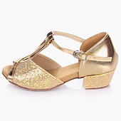 abordables Chaussures de danse enfants-chaussures de danse de salon à paillettes dorées pour filles – talons de danse latine à bride en T et semelle en daim pour performances et compétitions