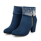 abordables Botines-Botines de ante rojo para mujer con adornos de pedrería y tacones anchos: calzado festivo navideño para fiestas y días festivos