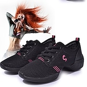 ieftine Adidași de Dans-adidași de dans cu șireturi din plasă ușoară pentru femei – pantofi sport negri respirabili pentru antrenamente de jazz, zumba și fitness