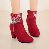 abordables Botines-Botines de ante rojo para mujer con adornos de pedrería y tacones anchos: calzado festivo navideño para fiestas y días festivos