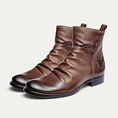 cheap Ankle Boots-Men&#039;s Brown Faux Leather Ankle Boots with Embossed Crest, Classic Vintage Style for Formal and Casual Occasions