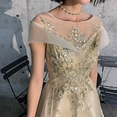 economico Abiti Lunghi &amp; Gowns-A-Line prom dress per ospiti di matrimonio elegante con scollatura a gioiello lungo fino al pavimento in tulle maniche corte con pieghe e applicazioni taglia personalizzata gratuita