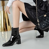 abordables Botines-Botines de charol blanco para mujer: diseño elegante con cremallera lateral y tacones de bloque, perfectos para una noche elegante o atuendos casuales y elegantes