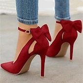 Women's Red Stiletto Heels with Bow Detail and Ankle Strap - Elegant Suede Party Pumps3