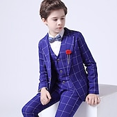 billiga Pojkes formella kostym-3 delar Ringbärarkostym Pojkar Barn Småbarn Kostym Formell kostym Kostym och blazer Byxset Formellt set Fest Speciellt Tillfälle Vintage Mode Formell Rutig Rosett Rubinrött Blå Grå Bomull