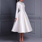 preiswerte Cocktailkleider-Ballkleid Cocktailkleider Süßes Kleid Hochzeit Tee-Länge Langarm Juwelenhals Herbst Hochzeitsgast Satin mit Falten Einfarbige Kleider